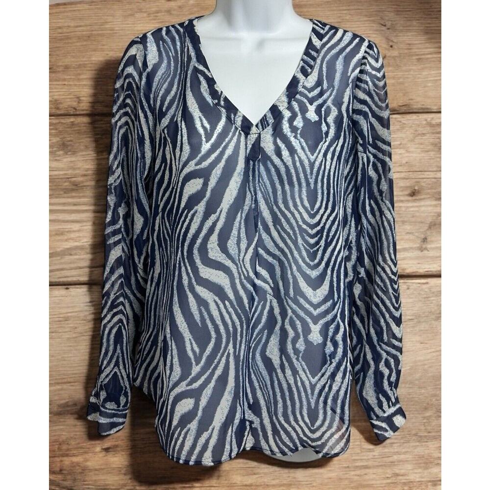 ecru Blue Animal Print Blouse Sz M Loose V-Neck Long Sleeve Top Semi Sheer